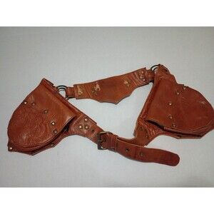Vintage Leather Hip Festival Utility Belt Four  Zipper  Pockets Adjustable Tan